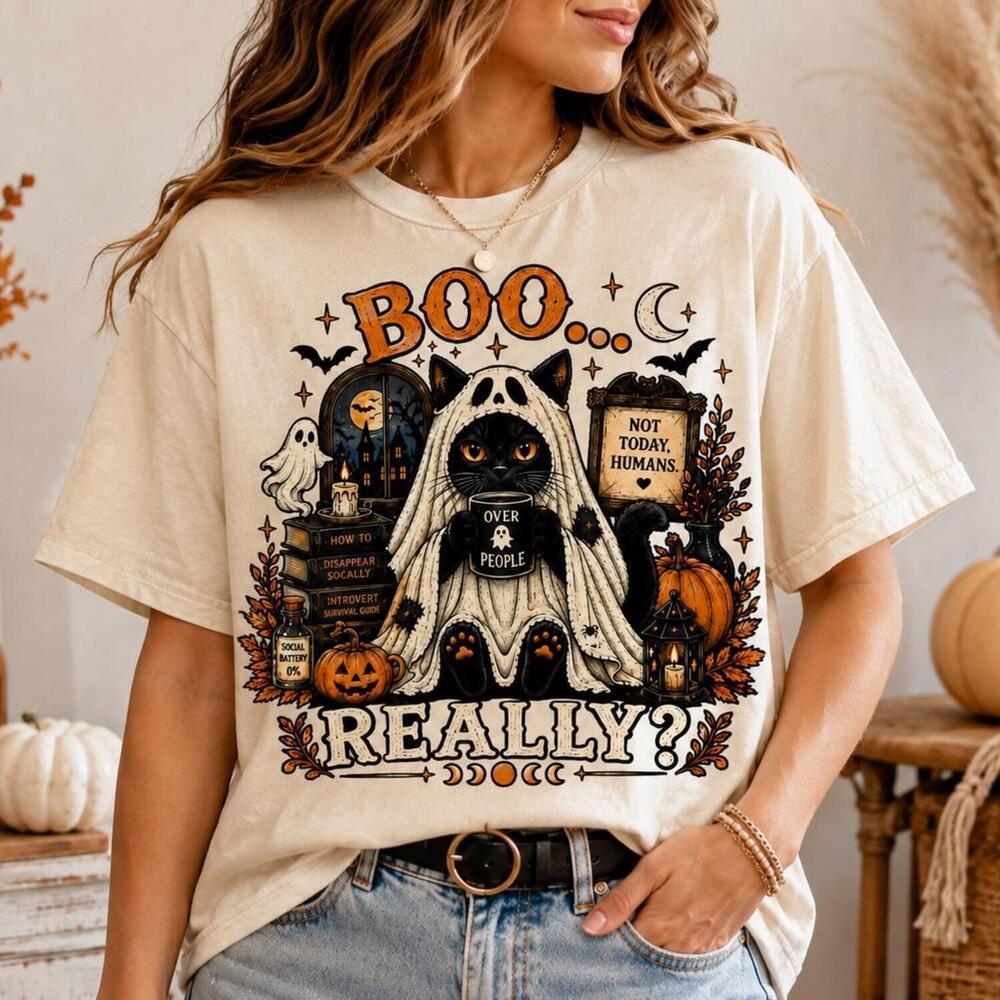 Black Cat Ghost Halloween Shirt, Spooky Introvert Tee, Pumpkin Cat Lover Gift